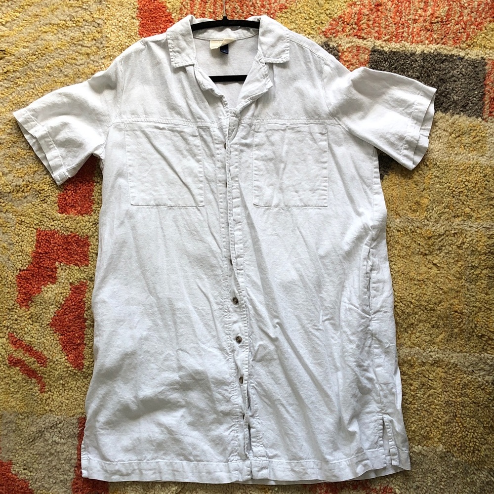 Linen blend button down white collared dress